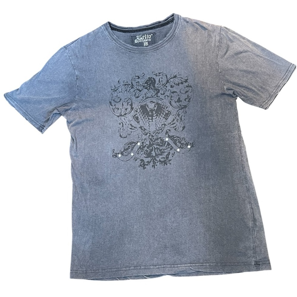 Men’s Distressed Studded Graphic Tee Washed Gray W/ Gothic‎ Print & Studs Size M